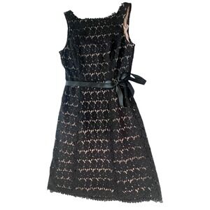Amica Black Lace Fit & Flare Cocktail Dress Size 8 Belted Nude Lining sleeveless